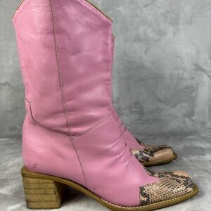 VTG Pink Leather Western Block Heel Boots with Snakeskin Toe